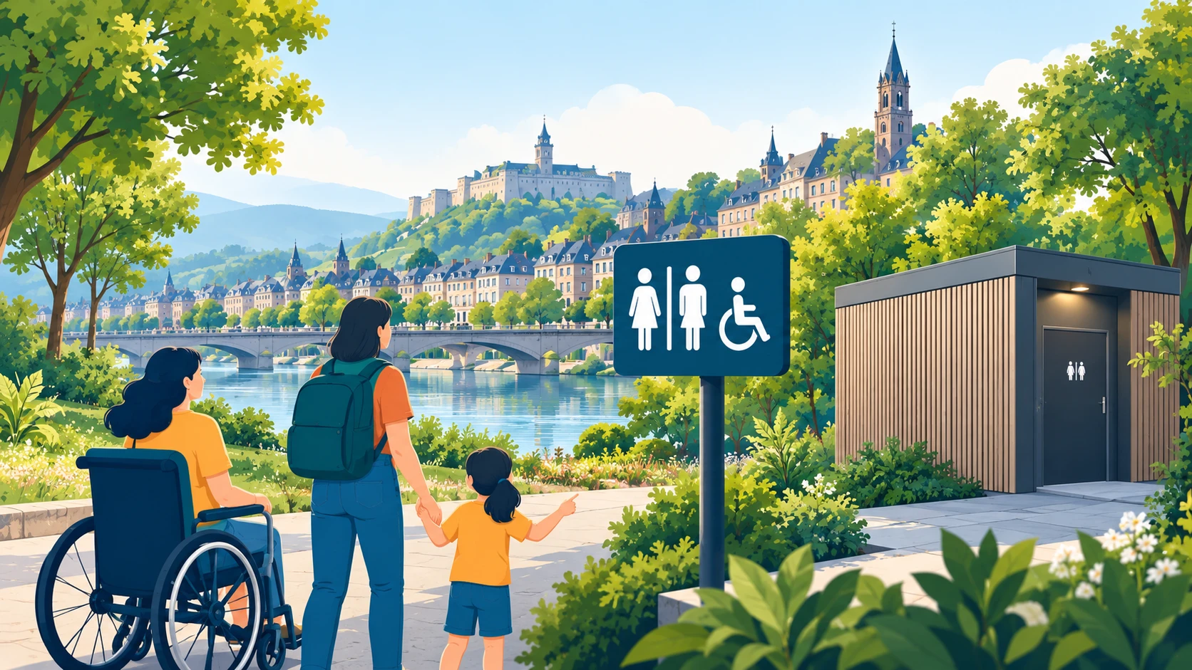 Une personne en fauteuil roulant, un adulte et un enfant devant un panneau indiquant des toilettes accessibles, dans un parc au bord de la Meuse.