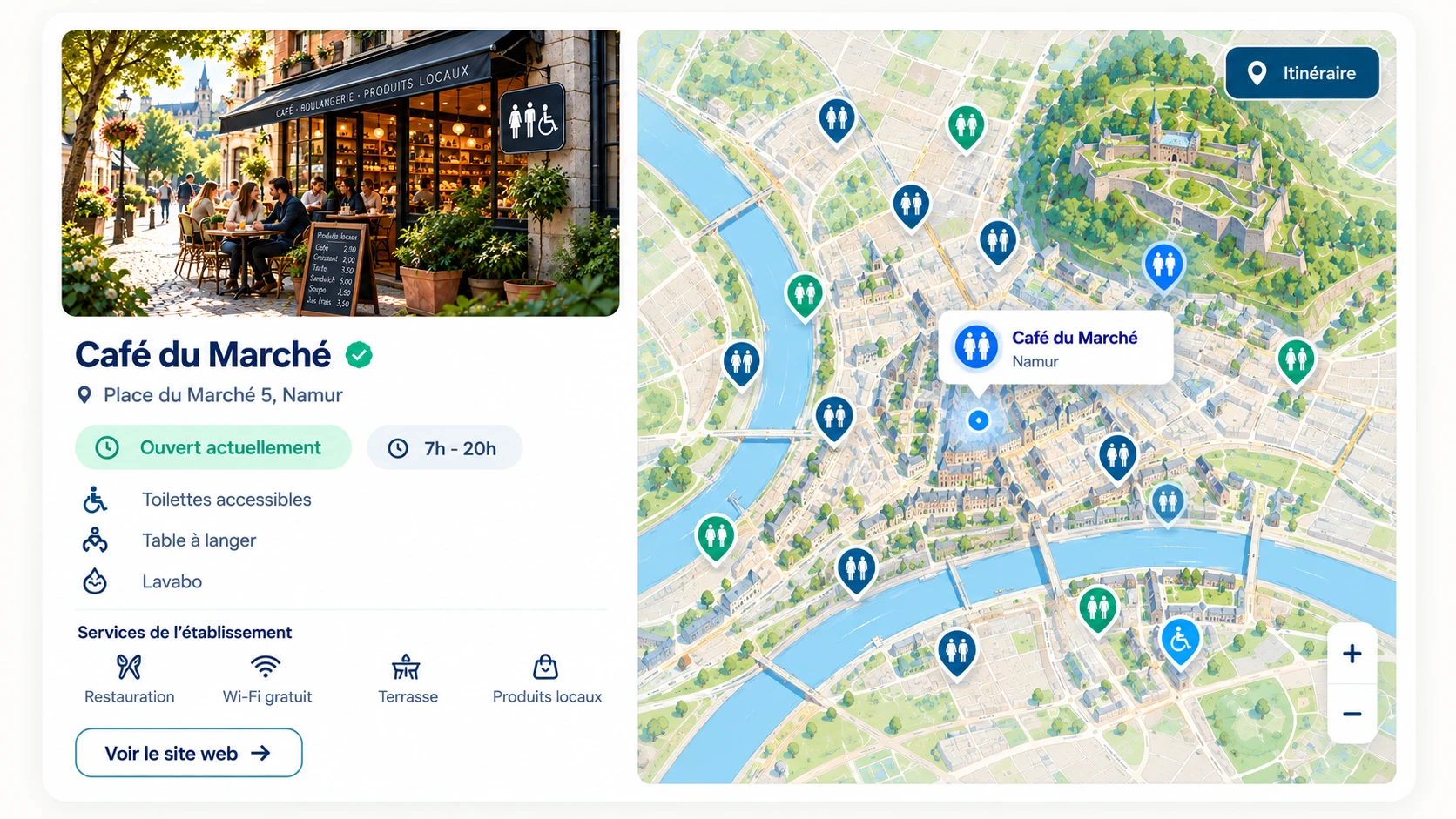 Exemple de fiche Flushr.city : le Café du Marché à Namur, ouvert de 7 h à 20 h, avec toilettes accessibles, table à langer, lavabo et ses services, à côté de la carte de la ville.