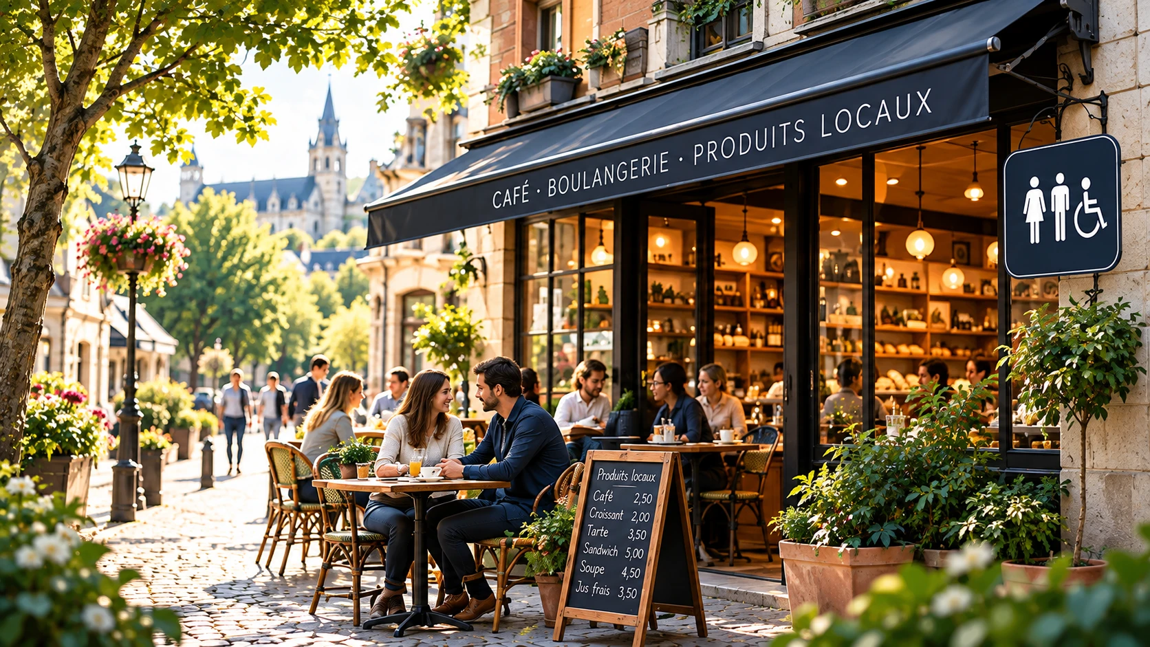 Terrasse d’un café-boulangerie de produits locaux, avec un panneau signalant des toilettes accessibles.