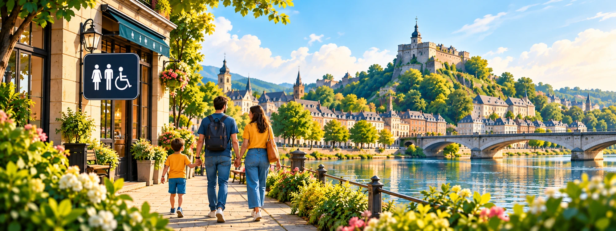 Une famille se promène au bord de la Meuse, devant un établissement signalant des toilettes accessibles ; en arrière-plan, la ville, le pont et la citadelle.